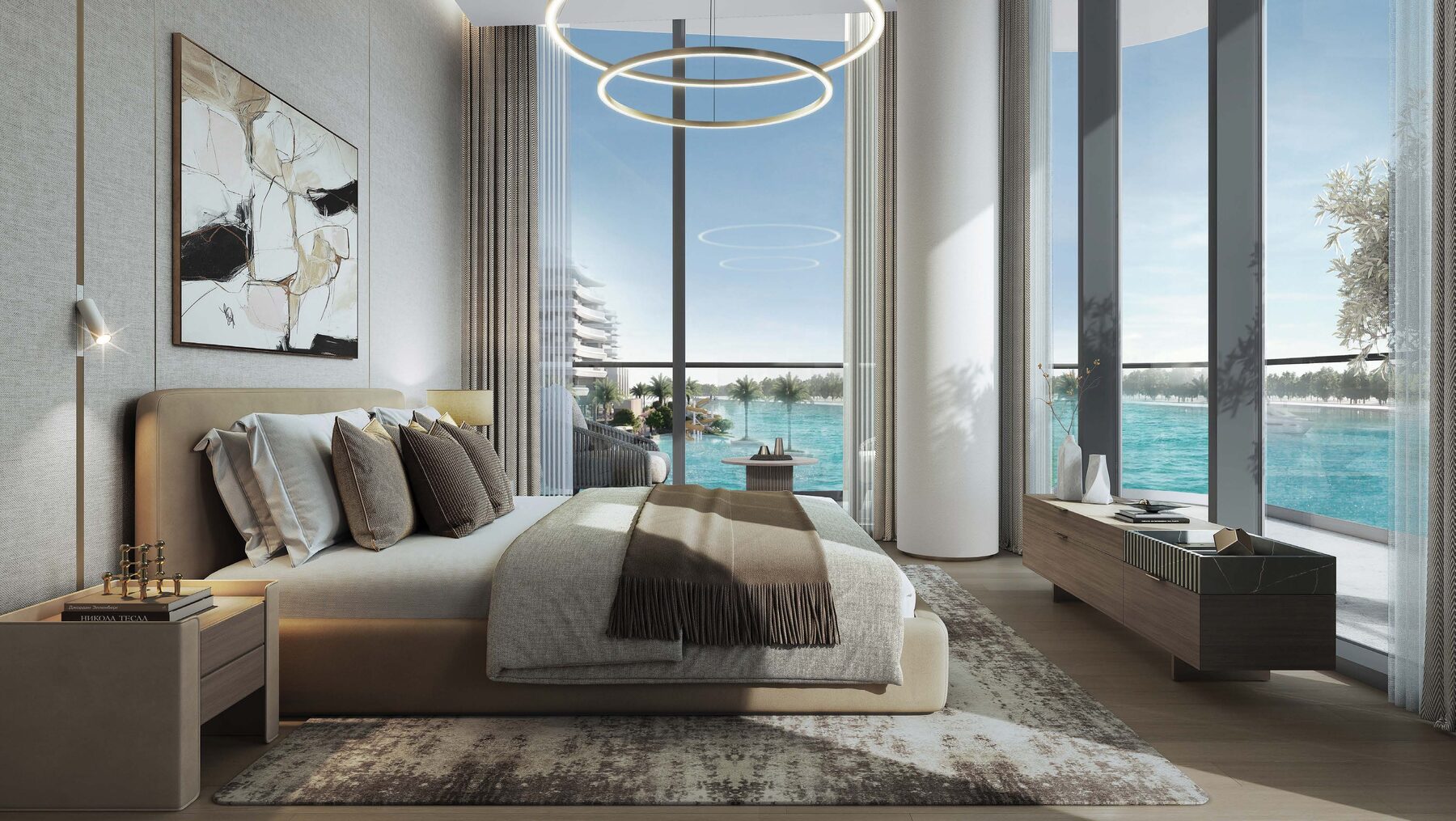 Master bedroom with floor-to-ceiling windows overlooking the canal