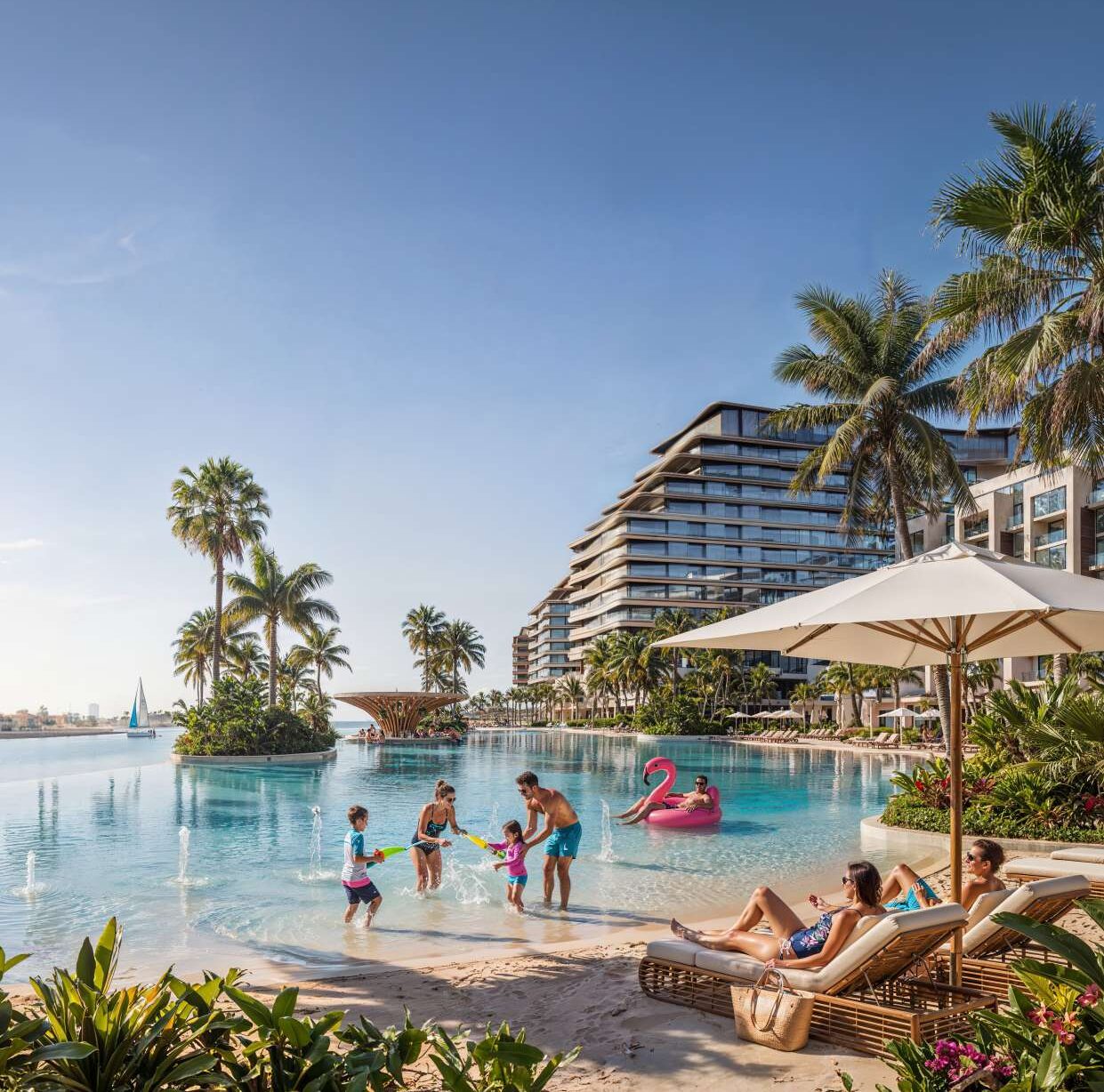 Family at the white-sand lagoon pool with palms and apartment towers behind