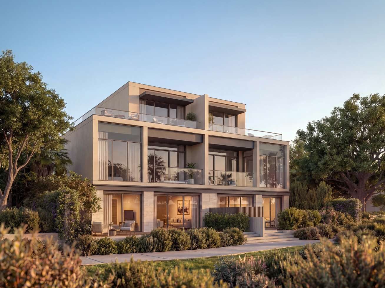 Modern Estate Villa exterior at sunset