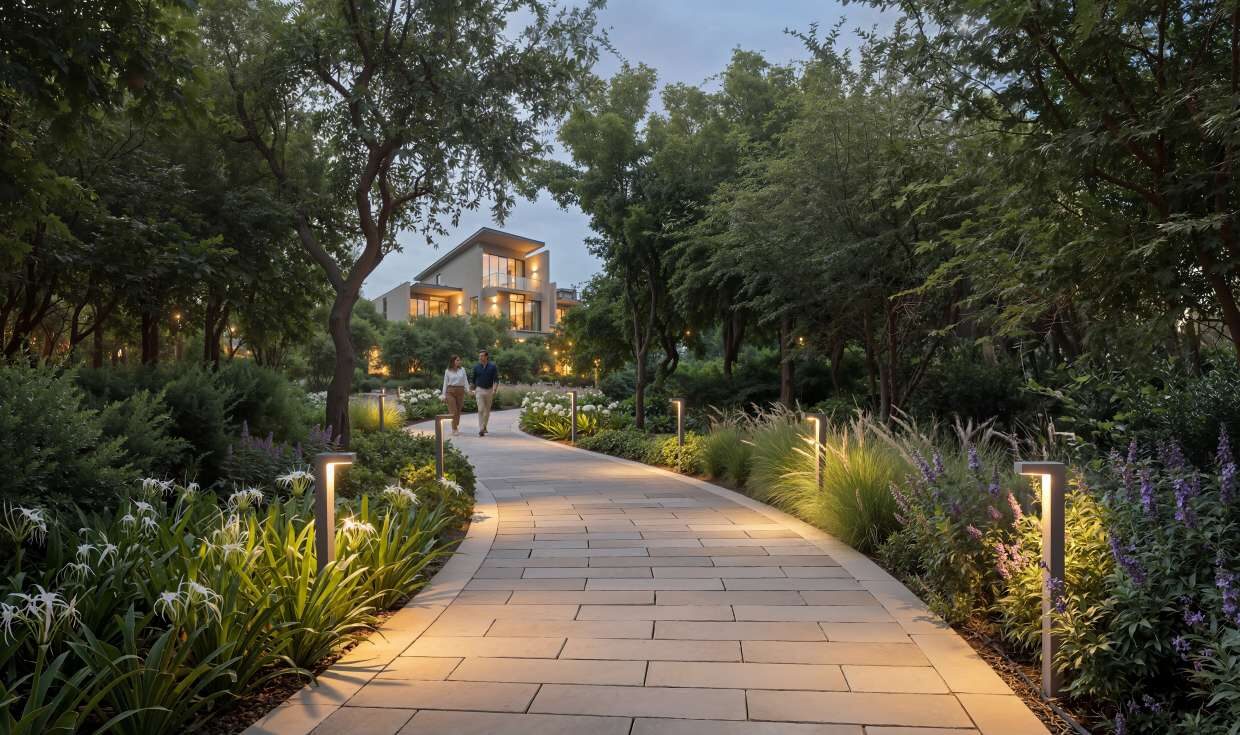 Tree-lined garden path leading to a villa at dusk